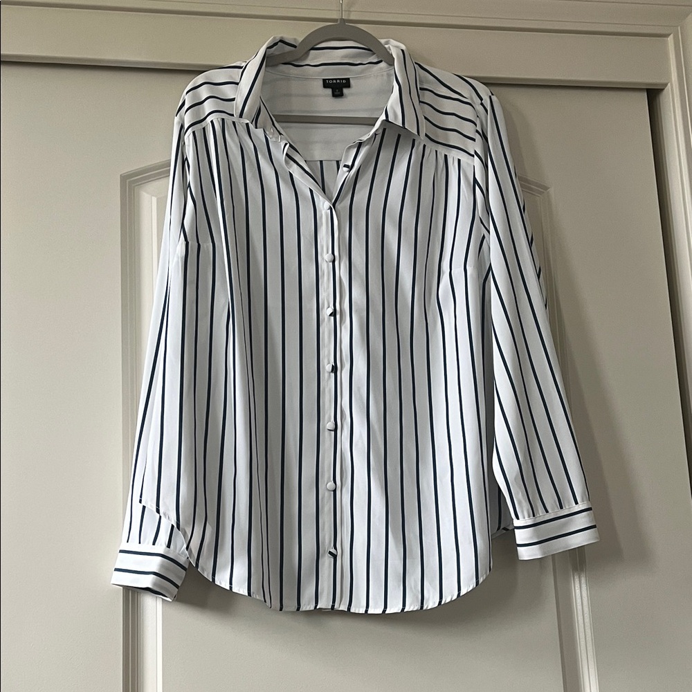 Torrid White and Blue Striped Blouse